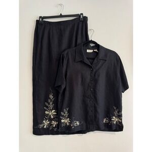 Vintage Studio Works Linen Floral Embroidered Skirt Set Womens M Black 2 Piece